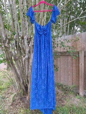 Royal Blue Lace Maxi Dress with Flutter Sleeves